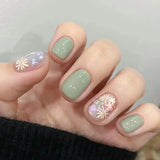 HSF Marketplace 24-piece short almond press-on nails with pink floral French tips and glossy full-cover finish