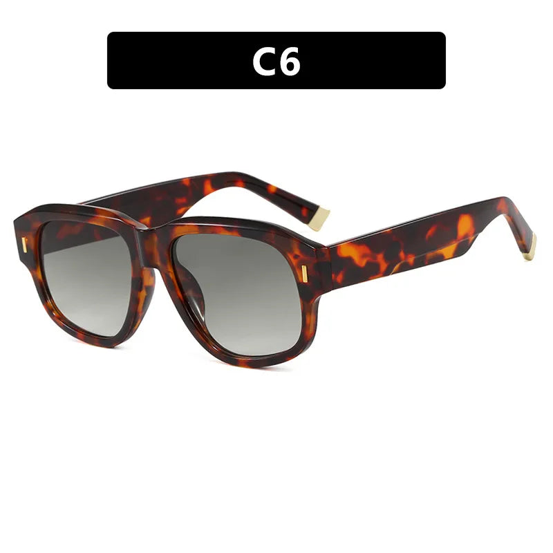 Thick polygonal square tortoise shell sunglasses with gradient lenses and UV400 protection for men and women.
