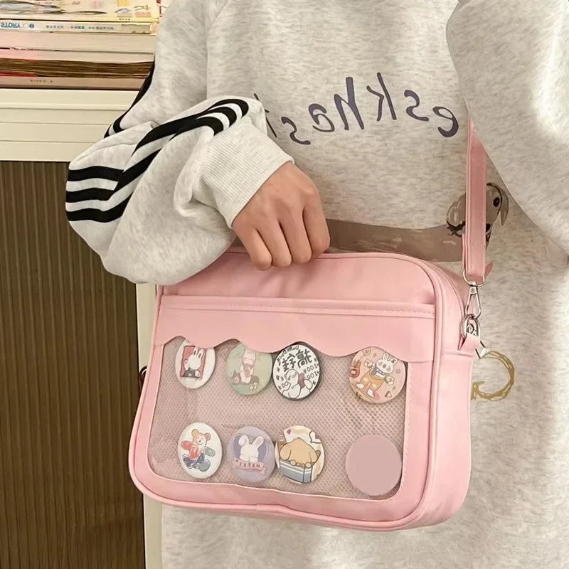 Japanese Harajuku Ita Bag for women with transparent pocket, high school girl style, PU material, crossbody shoulder bag, handbag