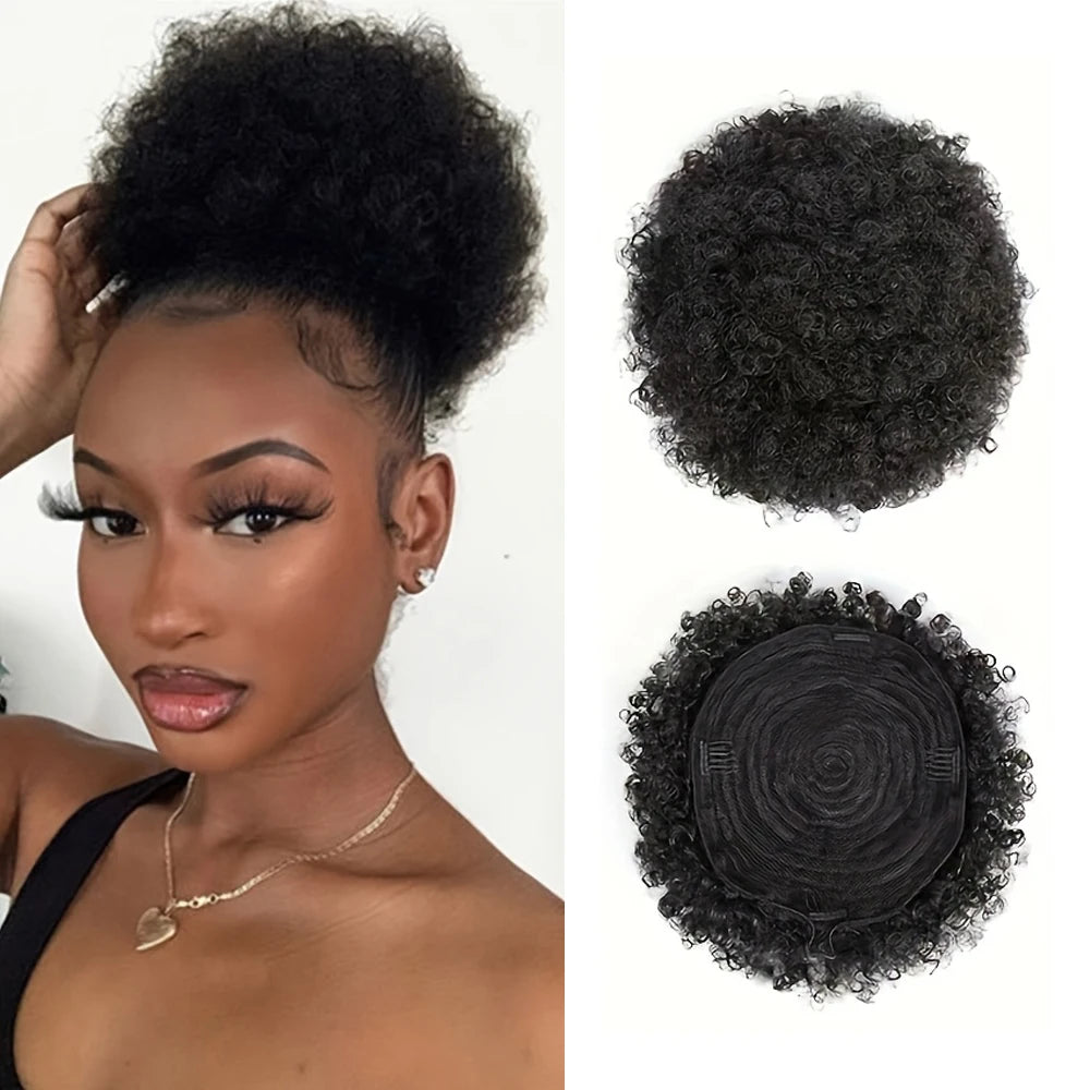 Brazilian human hair afro kinky puff drawstring ponytail extension in natural black, short curly style