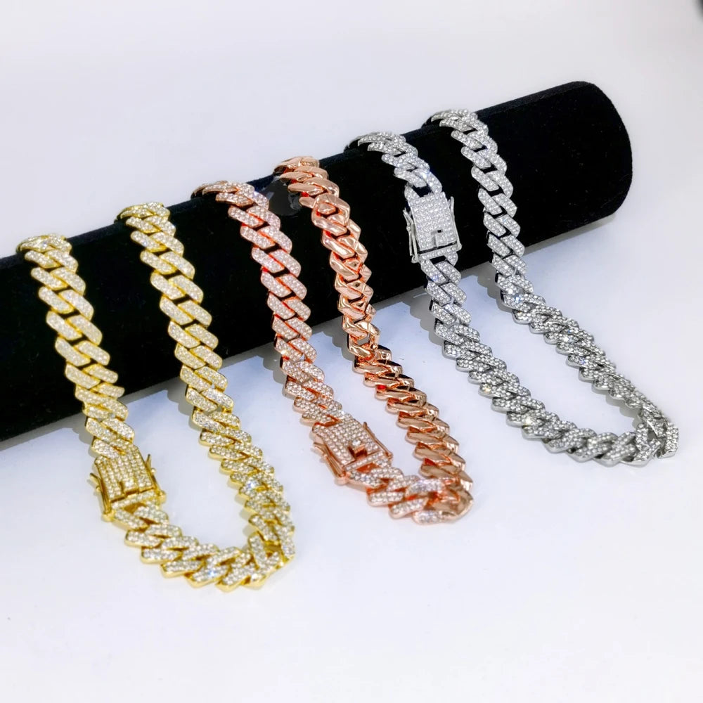 Mens Cuban link iced out necklace with rhinestones, 14mm wide, shiny rapper style CZ chain, Hip Hop jewelry design.