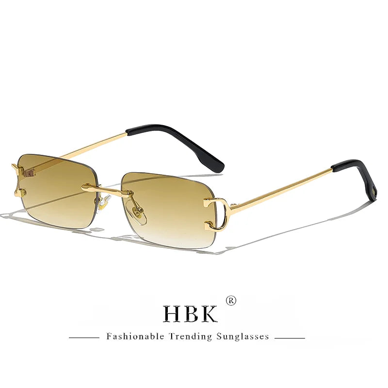 HBK Retro rimless sunglasses for women and men with small square gold frame, rectangle UV400 eyewear, brand design, tea shades