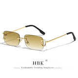 HBK Retro rimless sunglasses for women and men with small square gold frame, rectangle UV400 eyewear, brand design, tea shades