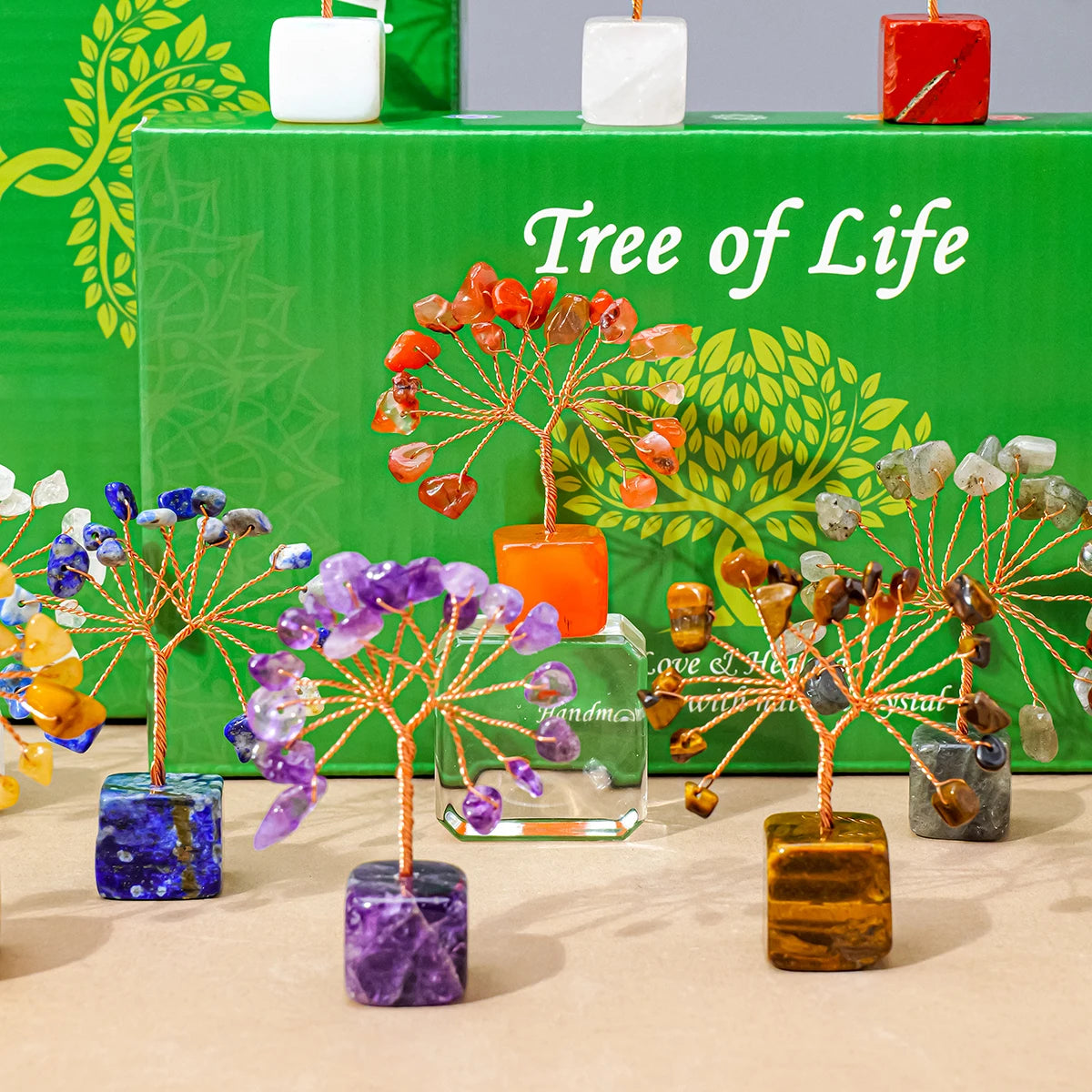 1pc Natural Gemstone Crystal Chakela Lucky Tree With Block Base Home Office Desk Living Room Crystal Decor Mini Sized Home