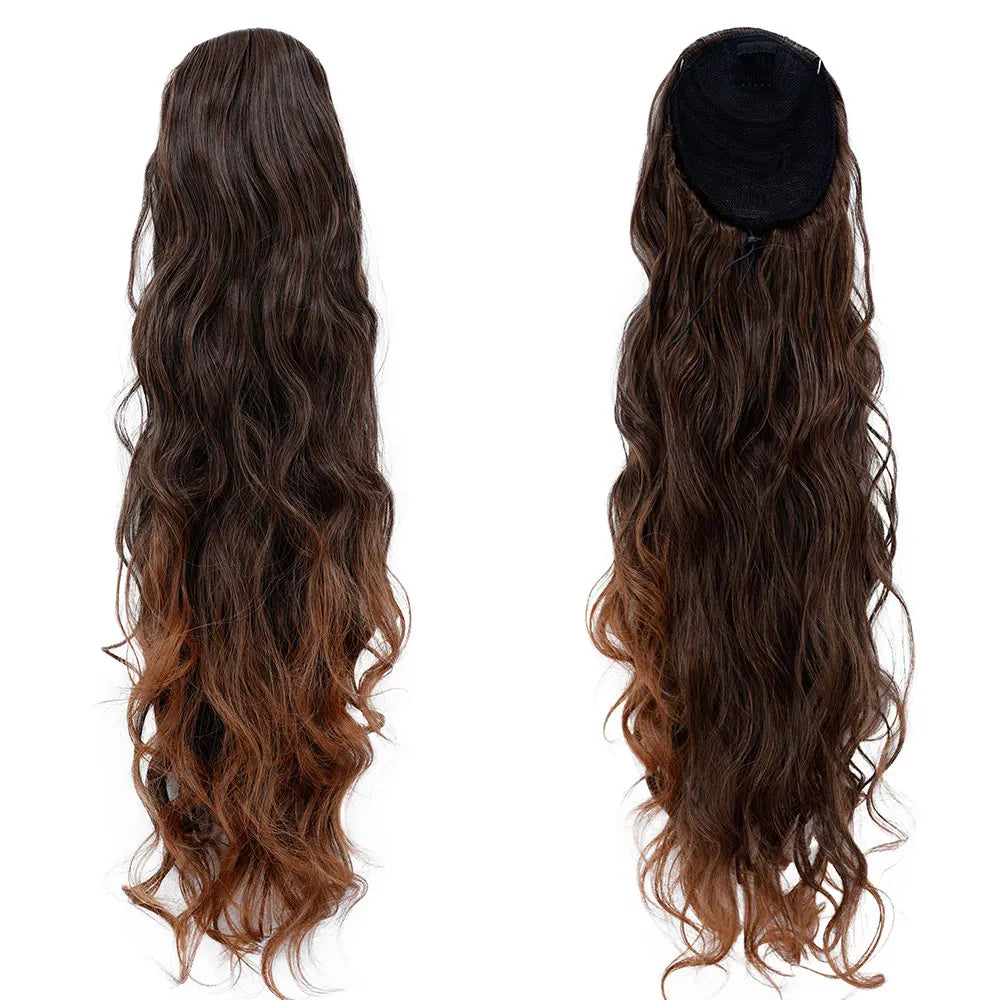 28-inch synthetic body wave drawstring ponytail in ombre brown with blonde highlights, 180g heat-resistant hair extension