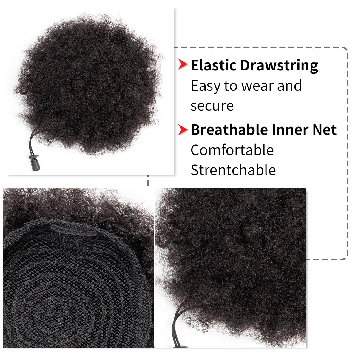 Brazilian human hair Afro kinky short curly drawstring ponytail puff extension in natural black