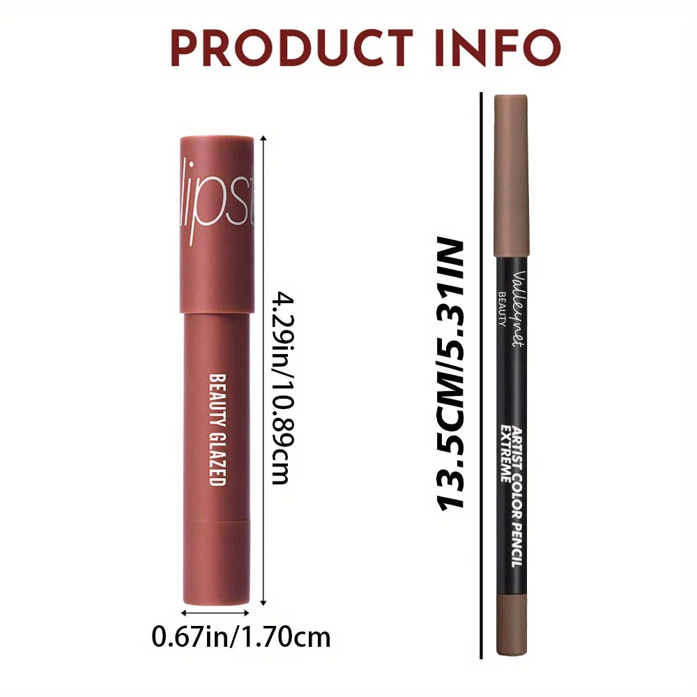Set of 2 velvet lip liner and matte lipstick in pink, brown, and red shades, ideal for natural, long-lasting lip makeup.