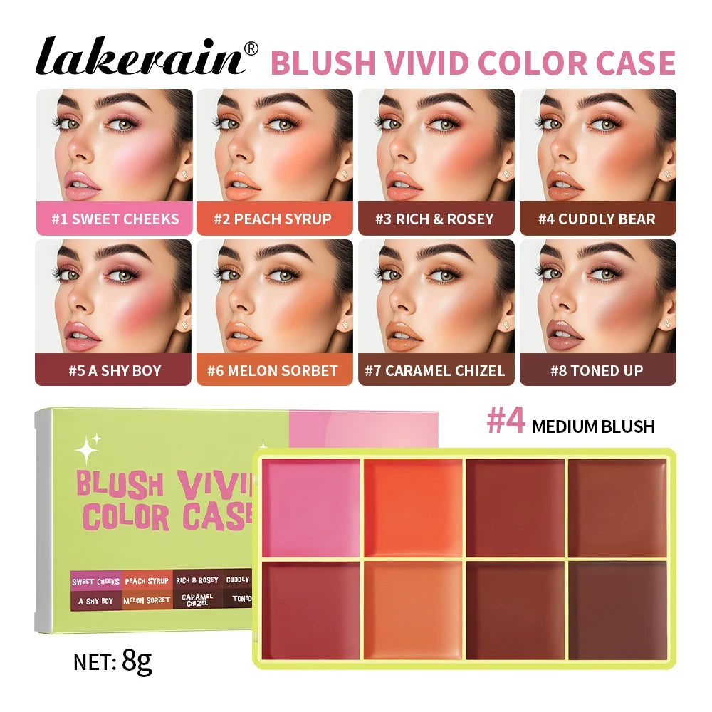 Lakerain 8-color cream blusher palette with natural shades, highlighter and concealer for face makeup