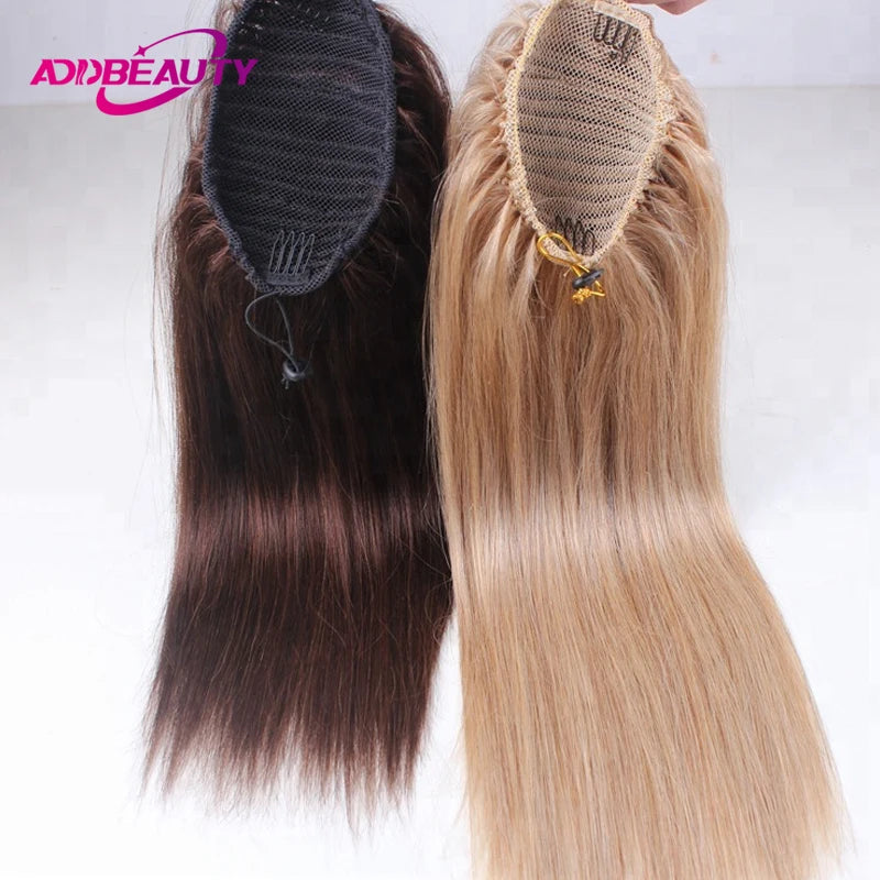 Straight drawstring ponytail hairpiece made from 100% real human hair with clips for women