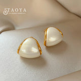 Gold-plated triangle imitation pearl earrings with white studs for women, minimalist elegant daily-wear jewelry