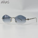 Rimless polygon-shaped sunglasses for women with gradient lenses, metal and bamboo temples, designer vintage HSF Marketplace shades