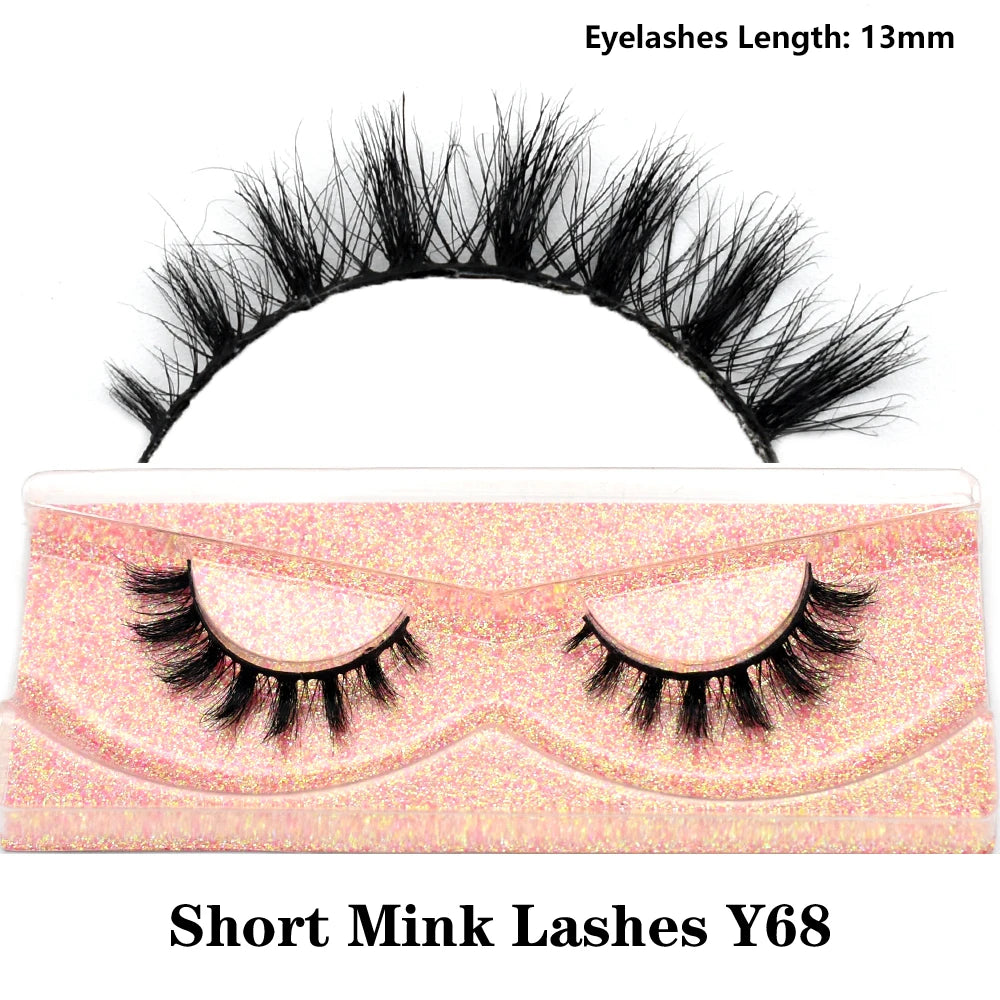 3D real mink false eyelashes with fluffy, wispy short clusters in a natural curved design