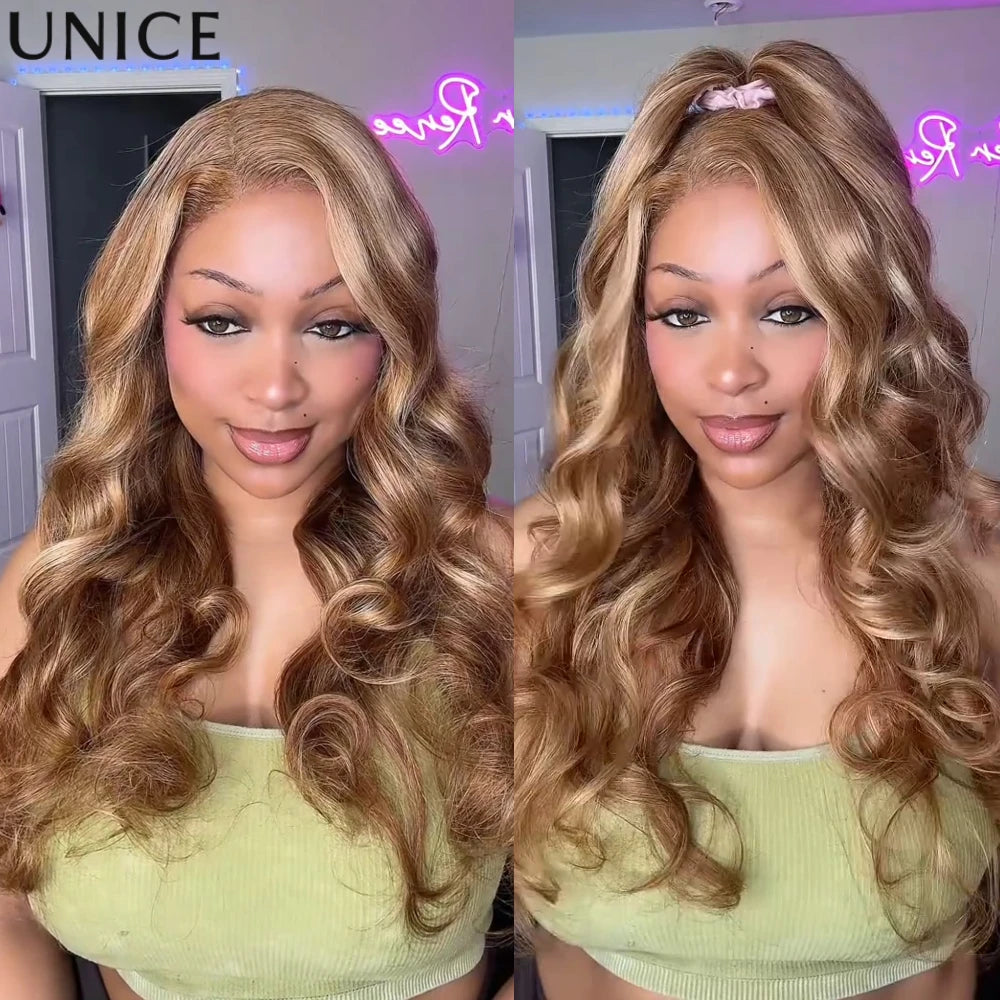Honey blonde body wave lace closure human hair wig with flowing waves and natural-looking parting