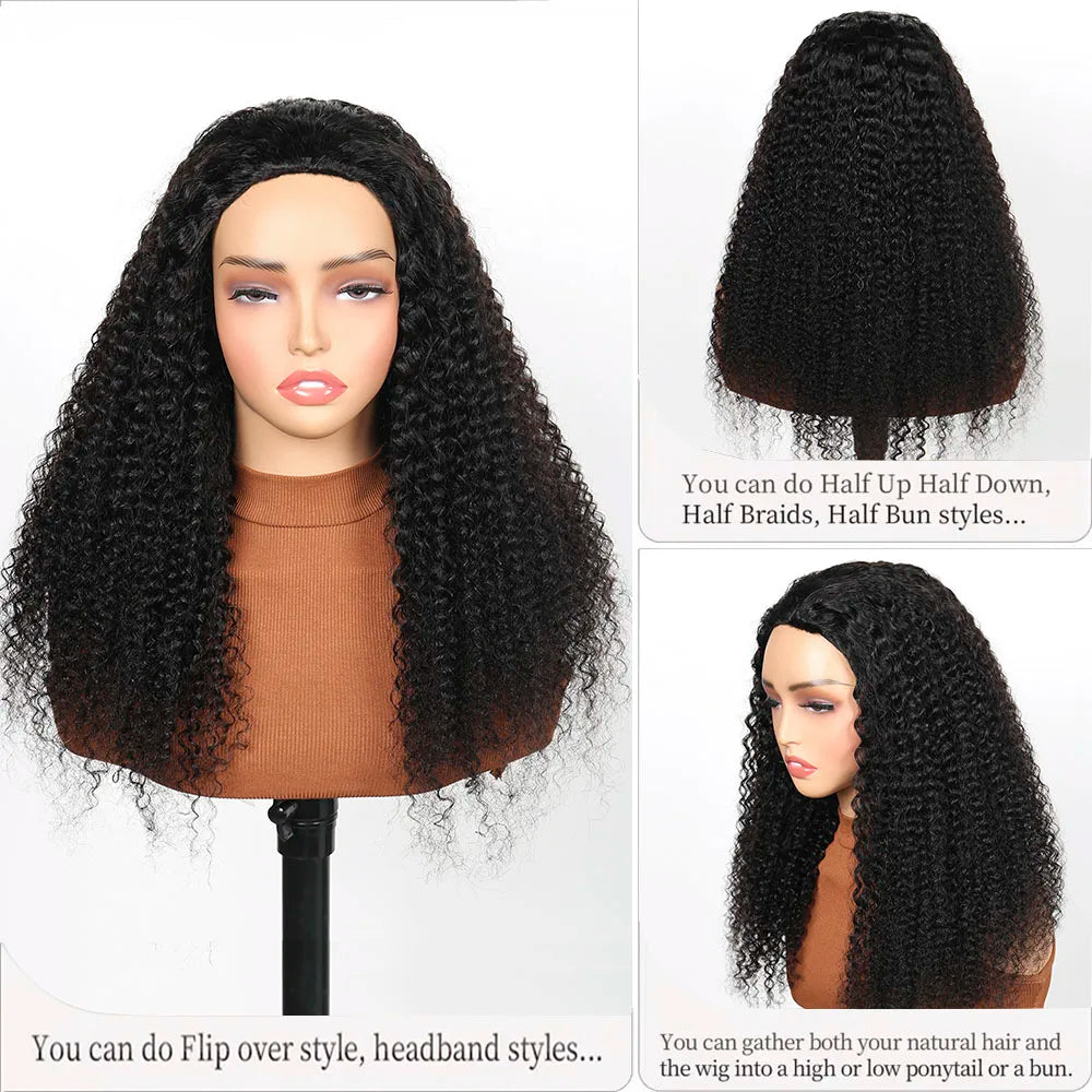 Kinky Curly human hair half wig with drawstring, seamless clips, and headband for women