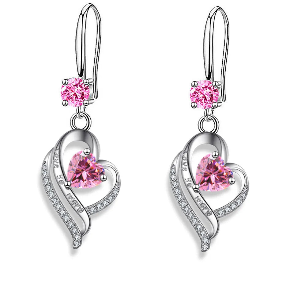 Silver heart drop earrings for women with colorful zircon stones by HSF Marketplace