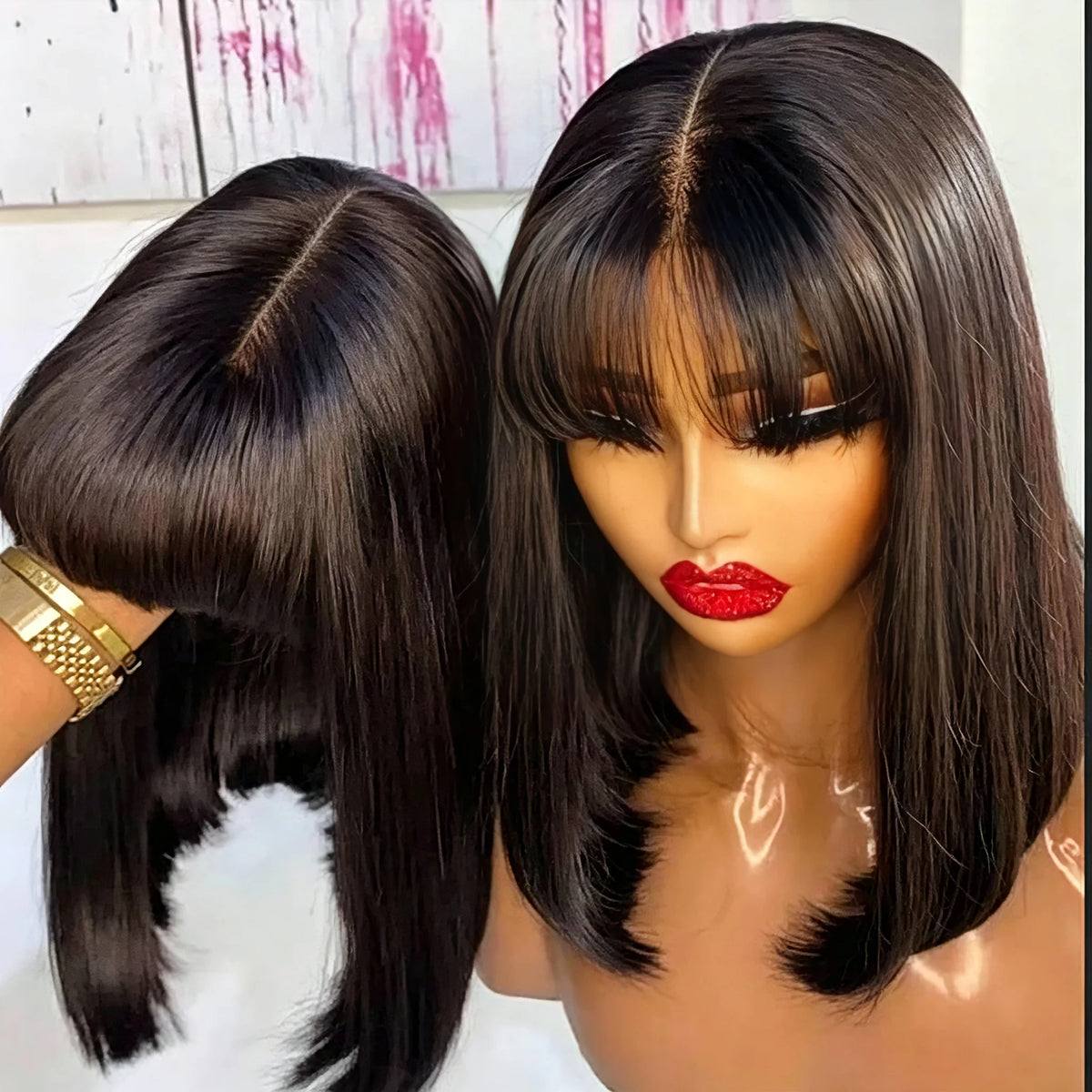 Short straight bob human hair wig with bangs, 3x1 lace middle part, full machine-made natural black wig