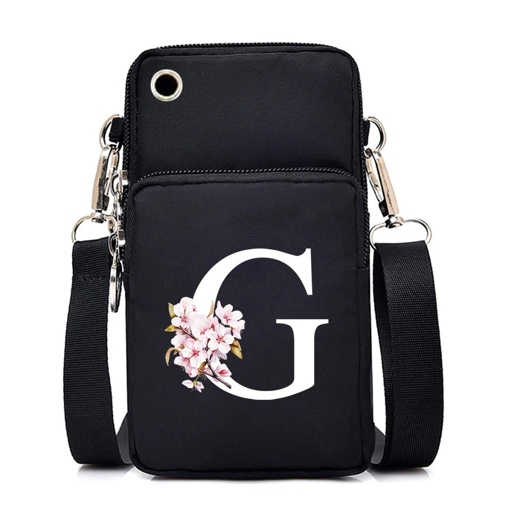 Small floral crossbody handbag with Sakura alphabet graphics, perfect for women, featuring a mobile phone pocket and stylish messenger design.