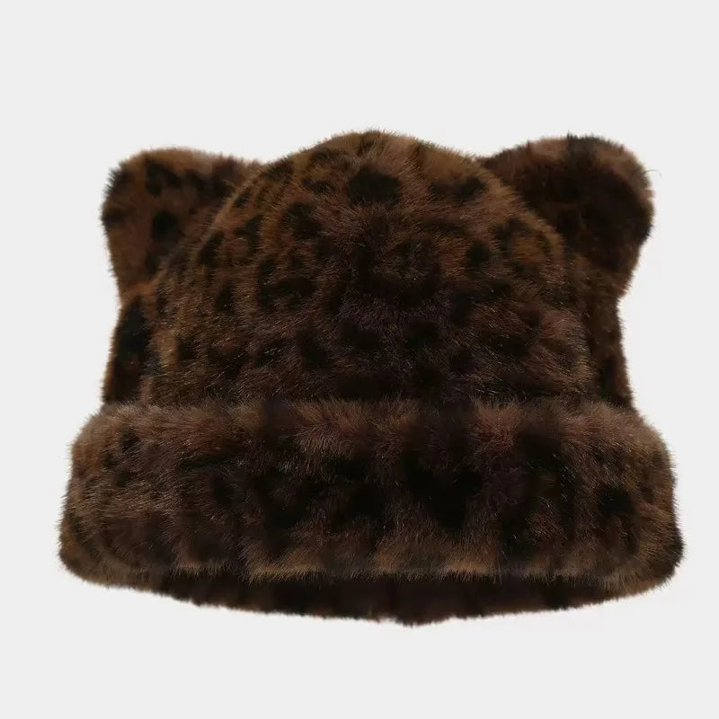 Women's leopard print plush teddy bear hooded beanie hat, thick warm retro design