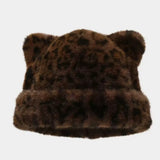 Women's leopard print plush teddy bear hooded beanie hat, thick warm retro design