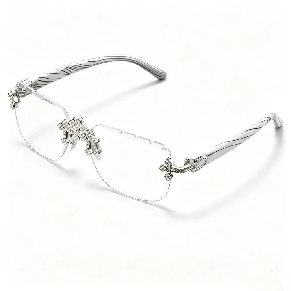 Luxury rimless square sunglasses for women with cross rhinestone decor, UV400 lenses, and trendy diamond accents.