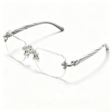 Luxury rimless square sunglasses for women with cross rhinestone decor, UV400 lenses, and trendy diamond accents.