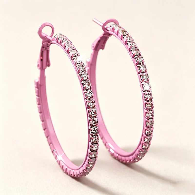 Elegant sparkling pink hoop earrings with clear gemstones, round design, HSF Marketplace jewelry for women