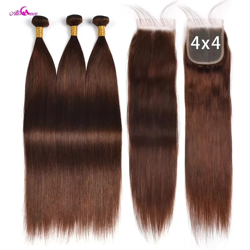Chocolate Brown Bone Straight Bundles With Closure #4 Brazilian Hair Weave Bundles With Closure Remy Straight Human Hair Bundles