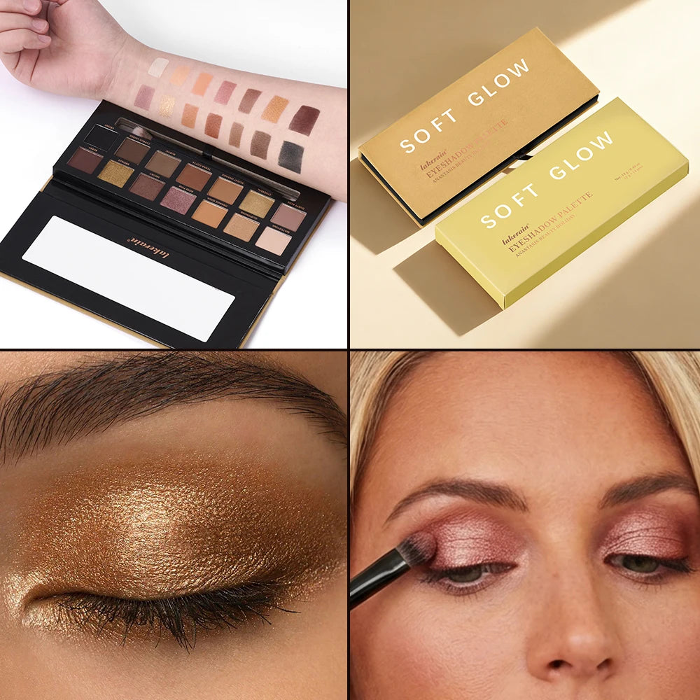 Lakerain Soft Glow eyeshadow palette with matte and shimmer high-pigment shades for natural eye makeup looks