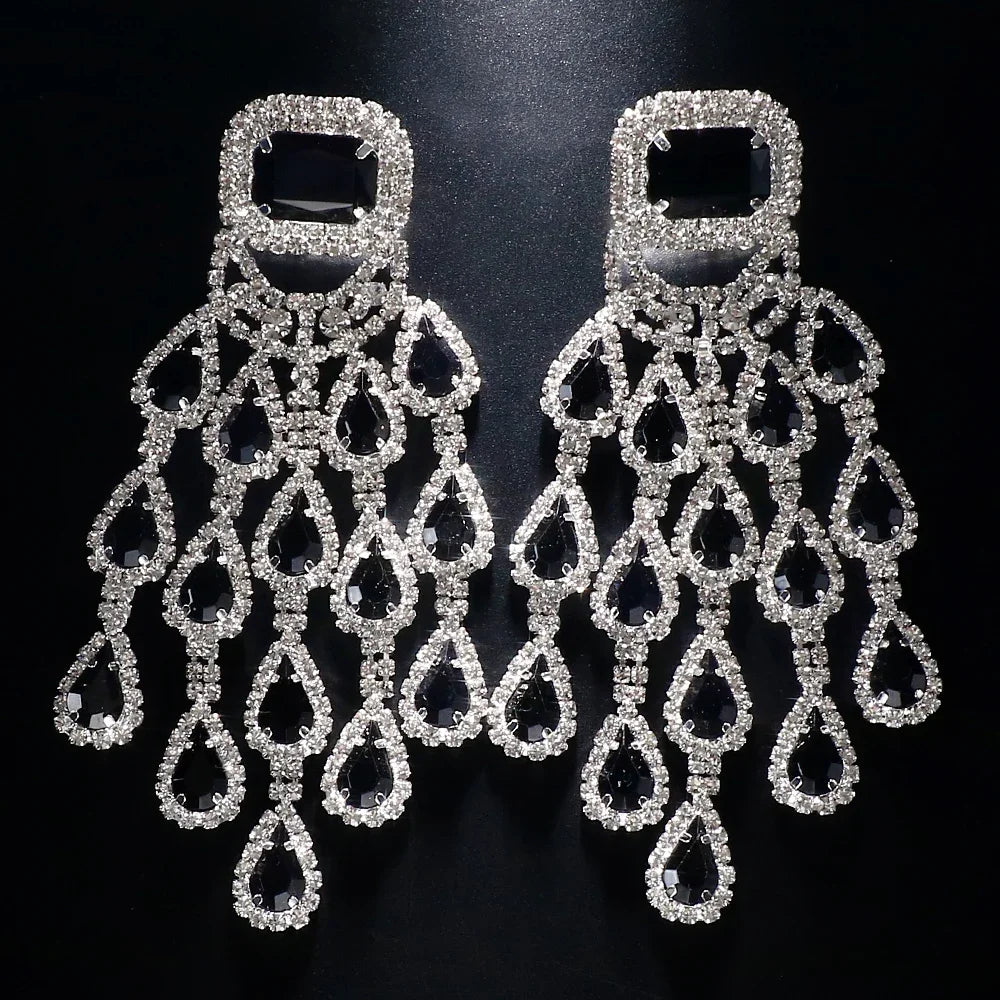 Bridal black crystal tassel earrings by HSF Marketplace, elegant dangling jewelry for women