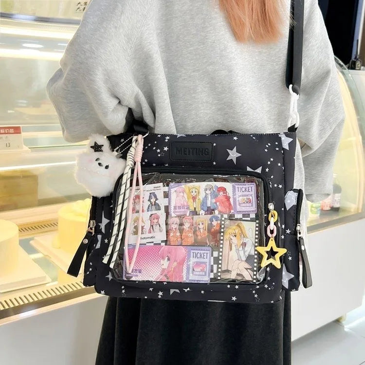 Transparent Y2K Japanese Ita Bag by HSF Marketplace featuring a large capacity crossbody tote with cute lolita girl design.