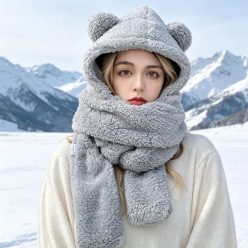 Women's winter bear ear hat, scarf and gloves set in plush warm fabric, HSF Marketplace
