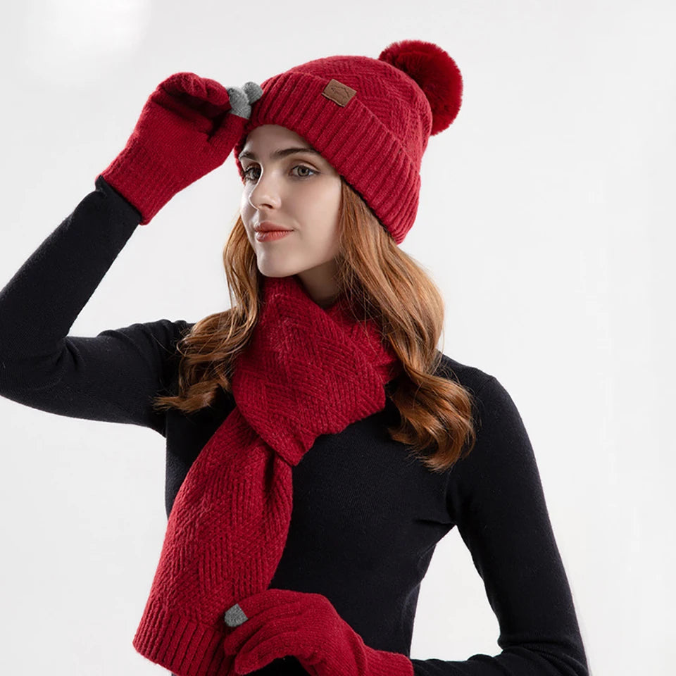 Women's winter beanie hat, scarf, and gloves 3-piece set in a coordinated cold-weather style