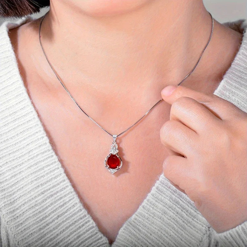 Huitan Fashion red cubic zirconia pendant necklace with brilliant stones, stylish anniversary jewelry for women, elegant and graceful.