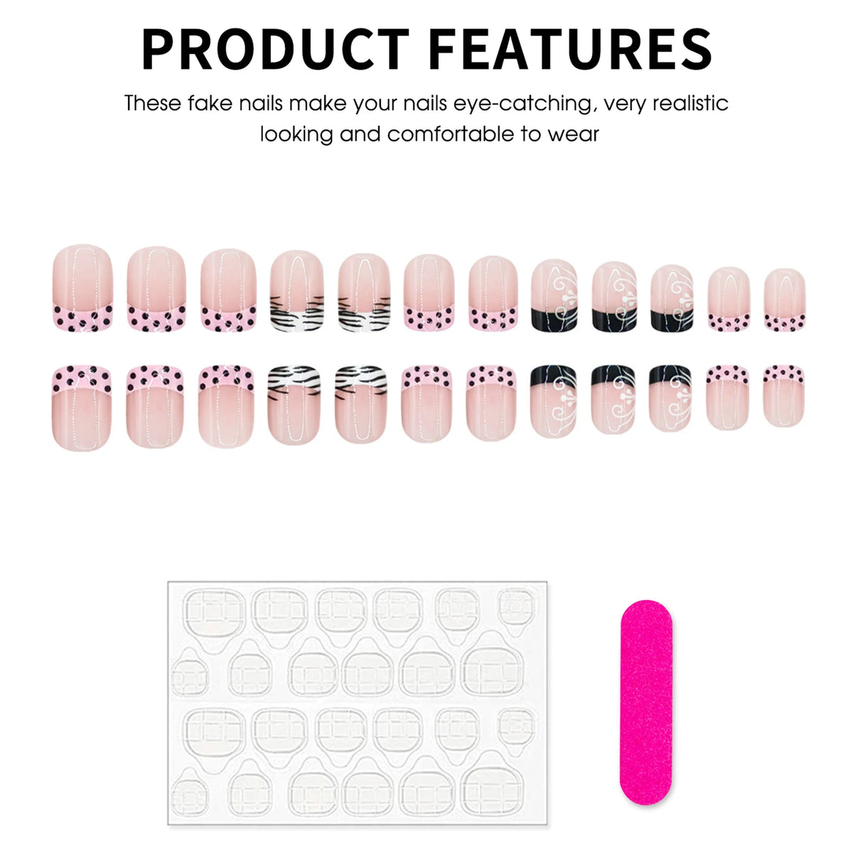 24-piece short square false nails with black and white zebra print, polka dots, and French tips by HSF Marketplace