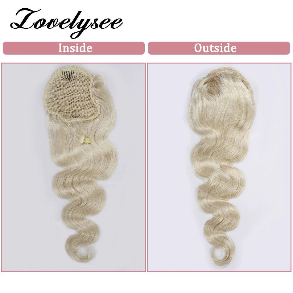 Brazilian human hair body wave drawstring ponytail extension in natural Remy hair, 14-24 inch wrap-around style