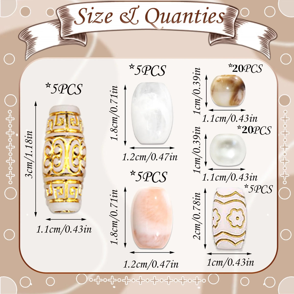 60-piece vintage barrel hair beads set for stylish hair cuffs by HSF Marketplace