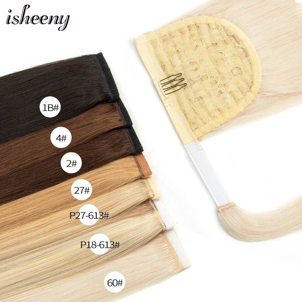 Isheeny straight human hair ponytail extension, natural Brazilian Remy wrap clip-in style