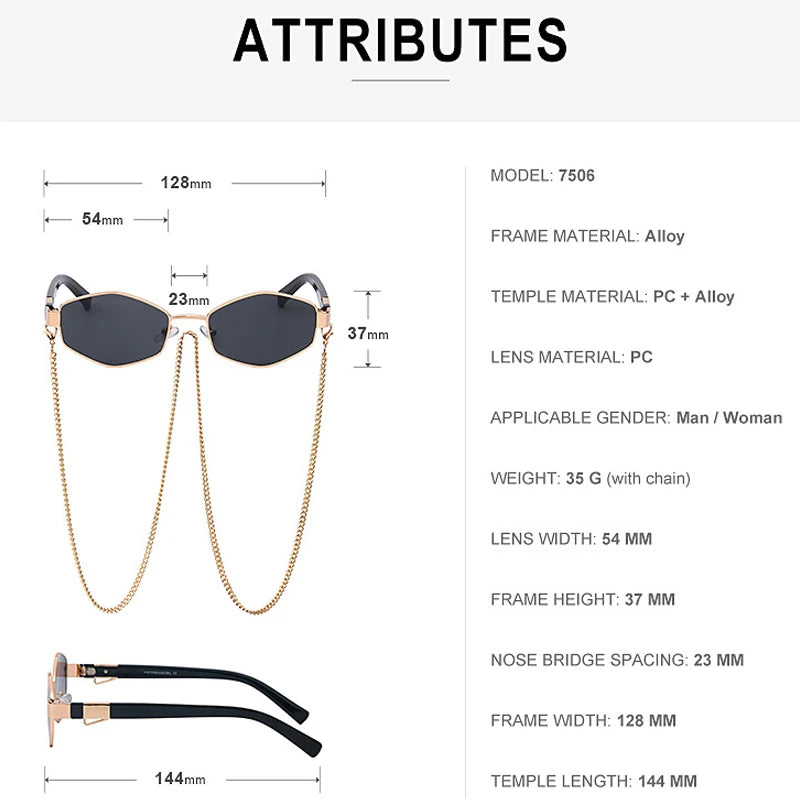 Small frame hexagon sunglasses for women with chain by HSF Marketplace, stylish designer punk sun shades for ladies