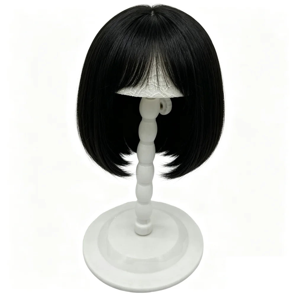 White plastic wig stand with a mushroom top, portable and foldable, ideal for displaying short wigs and hair styling.