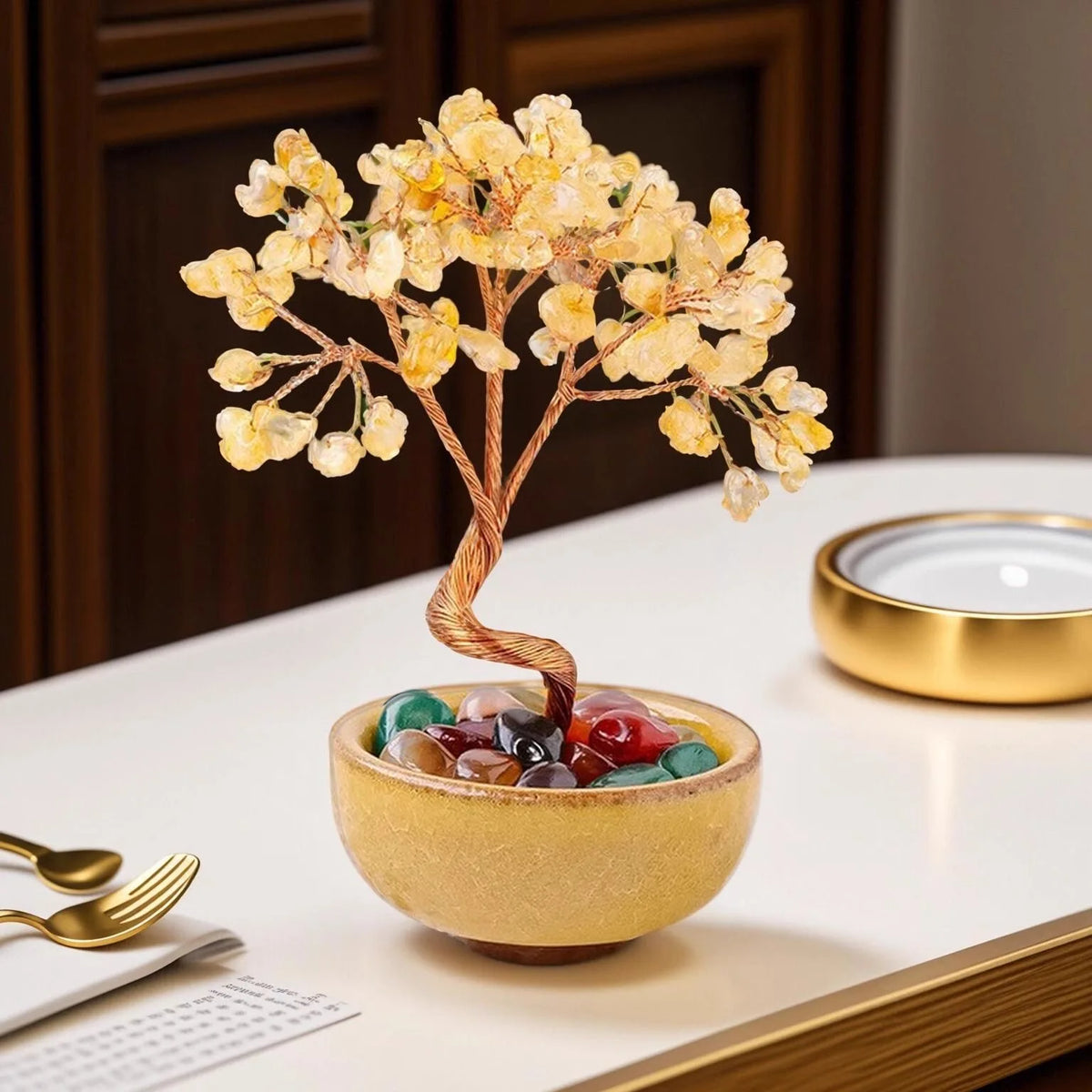 1pcs Natural Yellow Crystal Healing Gems Feng Shui Trees Lucky Money Tree Copper Wire Wrapped Crystal Crafts Home Decor
