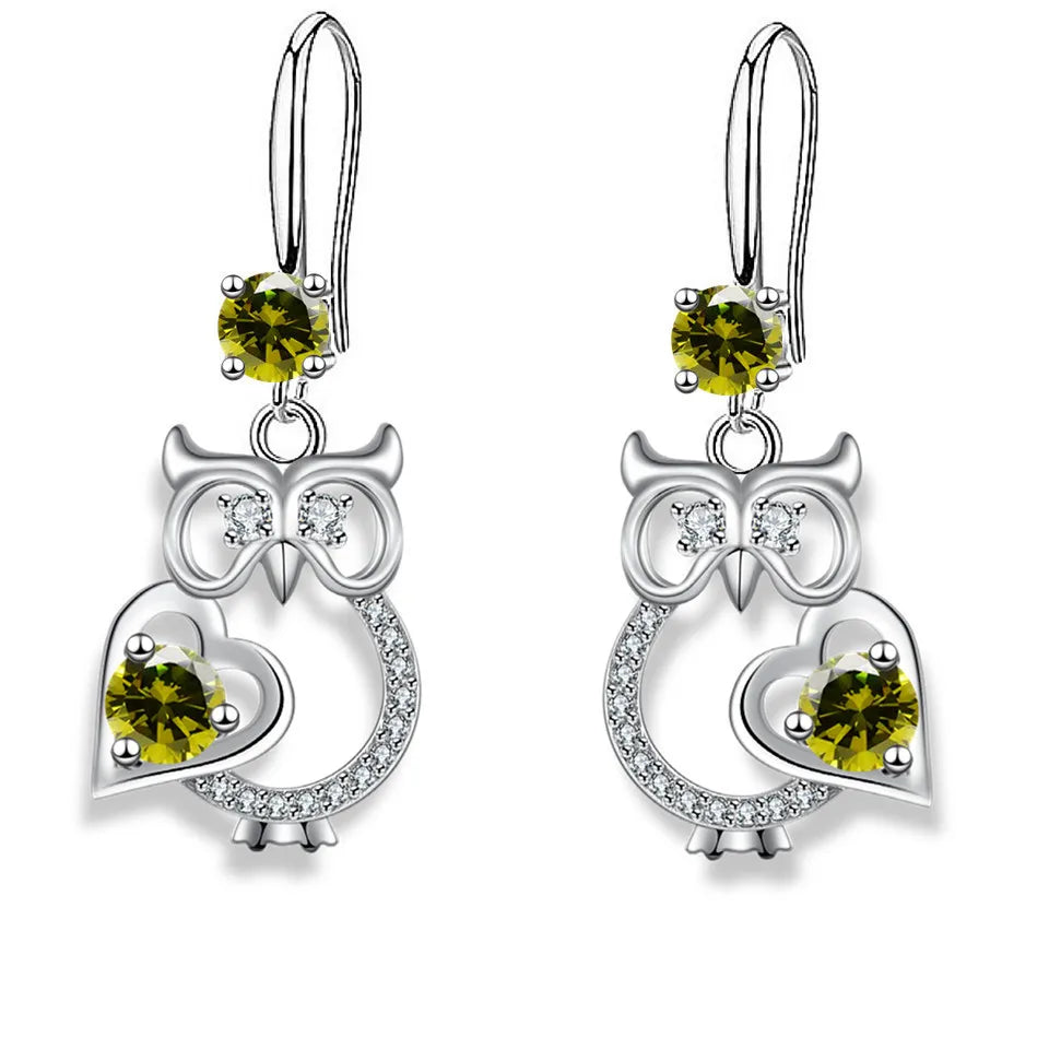 Silver cute owl drop earrings for women with colorful zircon accents by HSF Marketplace