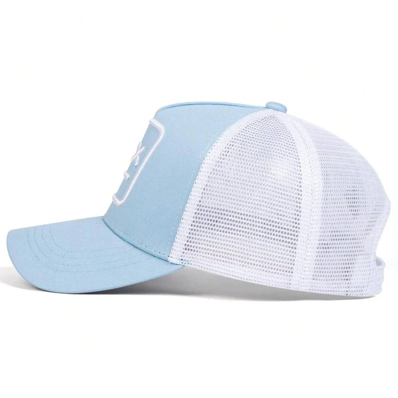 Unisex crying face embroidery baseball cap in black, front view with curved brim encased in plastic packaging