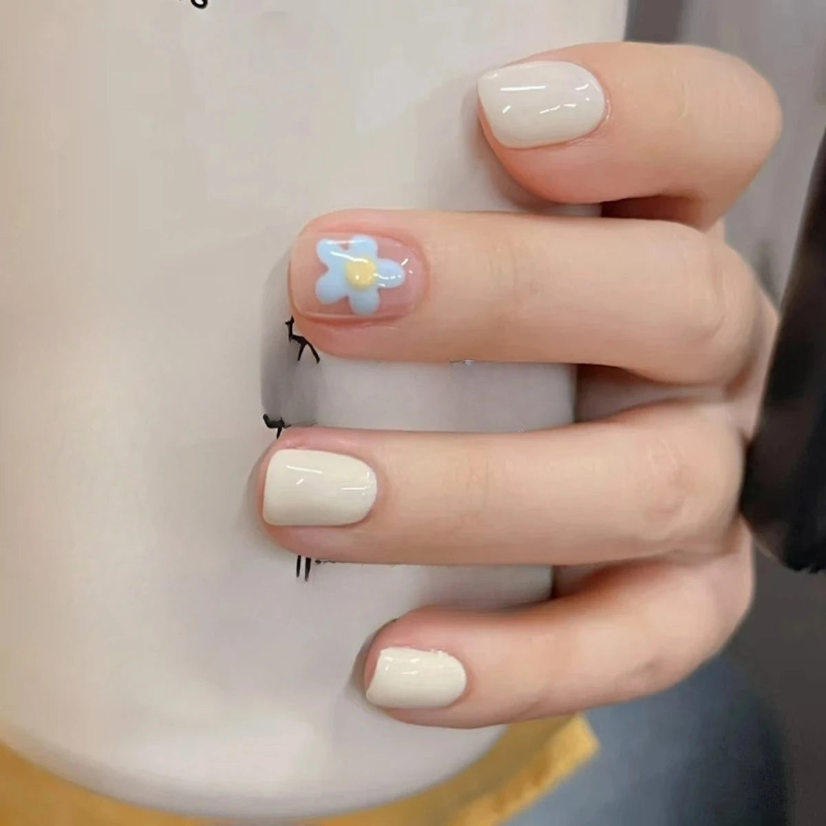 24pc cute girly short square press-on false nails with white French tips, glitter stars, rhinestones, bows and cat-eye accents