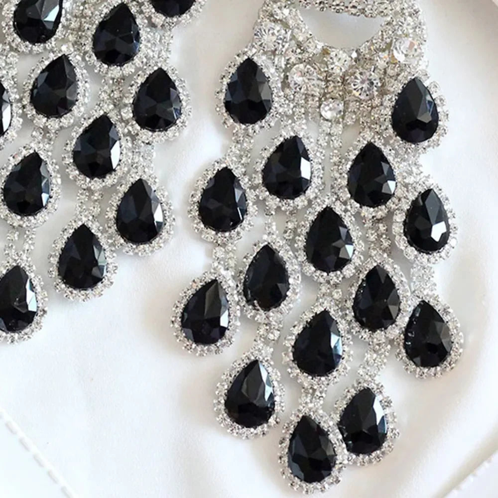 HSF Marketplace bridal black crystal tassel earrings with elegant dangling design