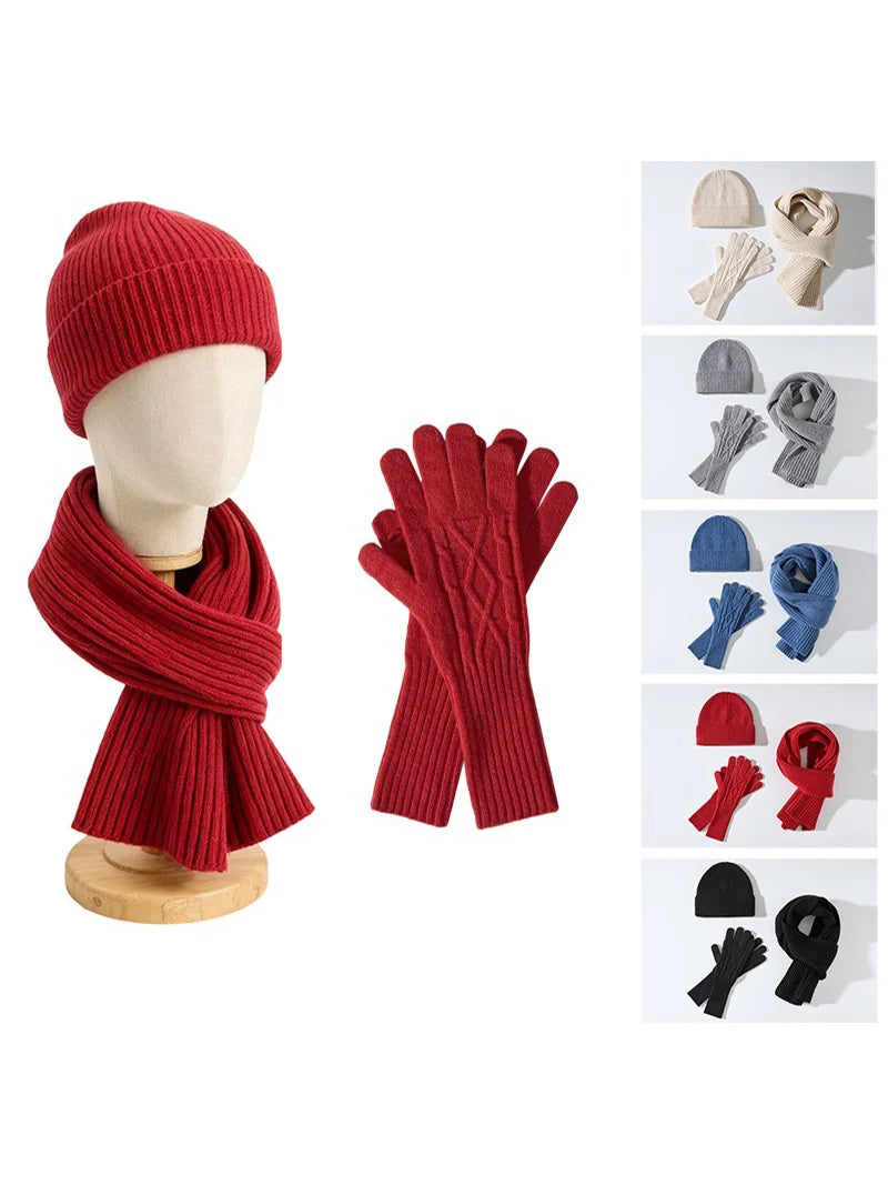 HSF Marketplace wool beanie, scarf and gloves winter set in coordinated cold-weather accessories lycra-striped textual descriptions?