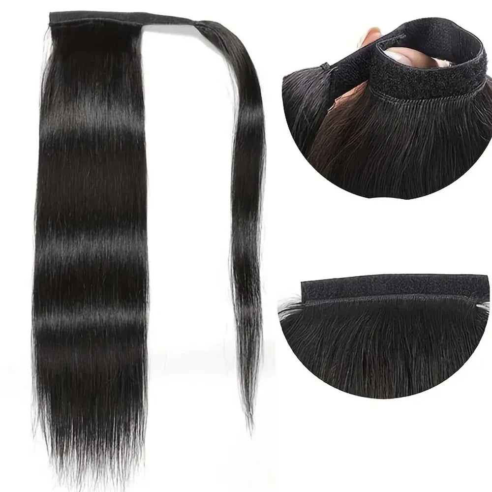 Straight Remy human hair clip-in ponytail extension in natural black