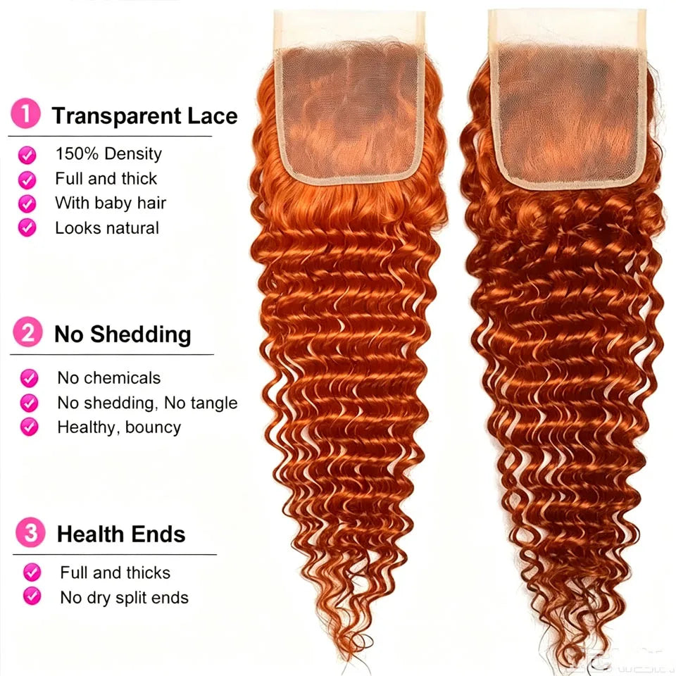 #350 Ginger Color Deep Wave Human Hair Bundles with Closure And Frontal 20A Brazilian Virgin 3/4 Bundles with 4x4 Lace Closure