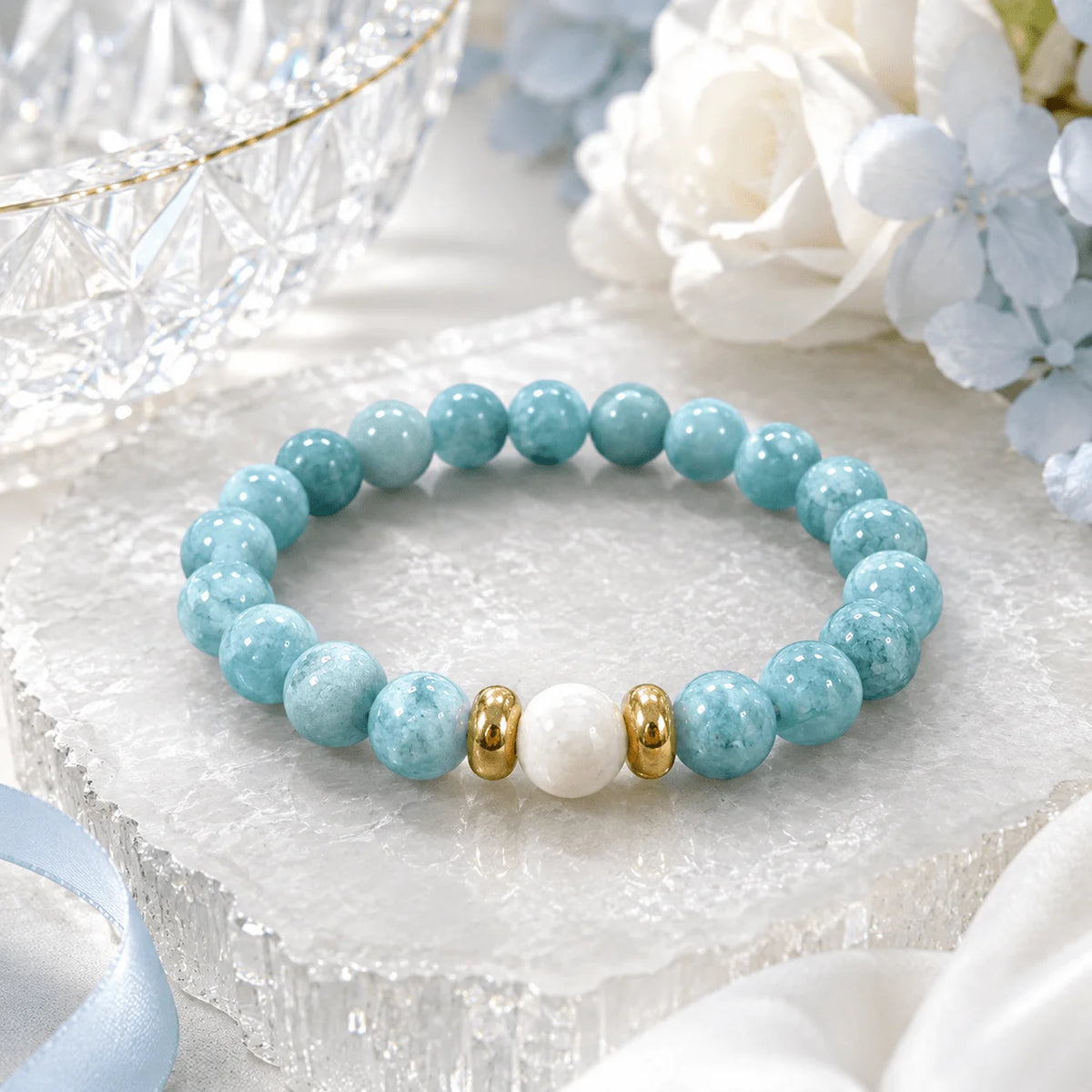 Aqua-Blue Beaded Stretch Bracelet; A Glossy, Marble-Patterned Round Bead Bracelet for Women and Girls—Stylish Everyday Jewelry