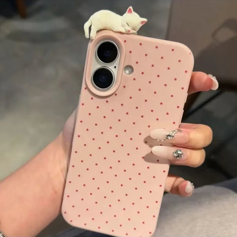 Polka dot iPhone phone case with cute cartoon cat design by HSF Marketplace