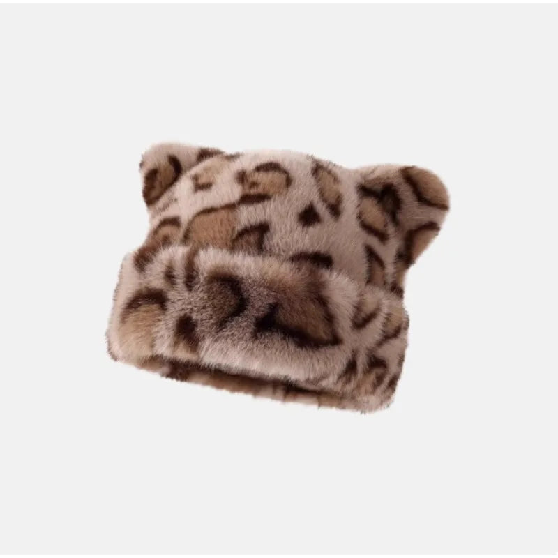 Women's leopard print plush teddy bear hooded beanie hat, thick and warm retro style